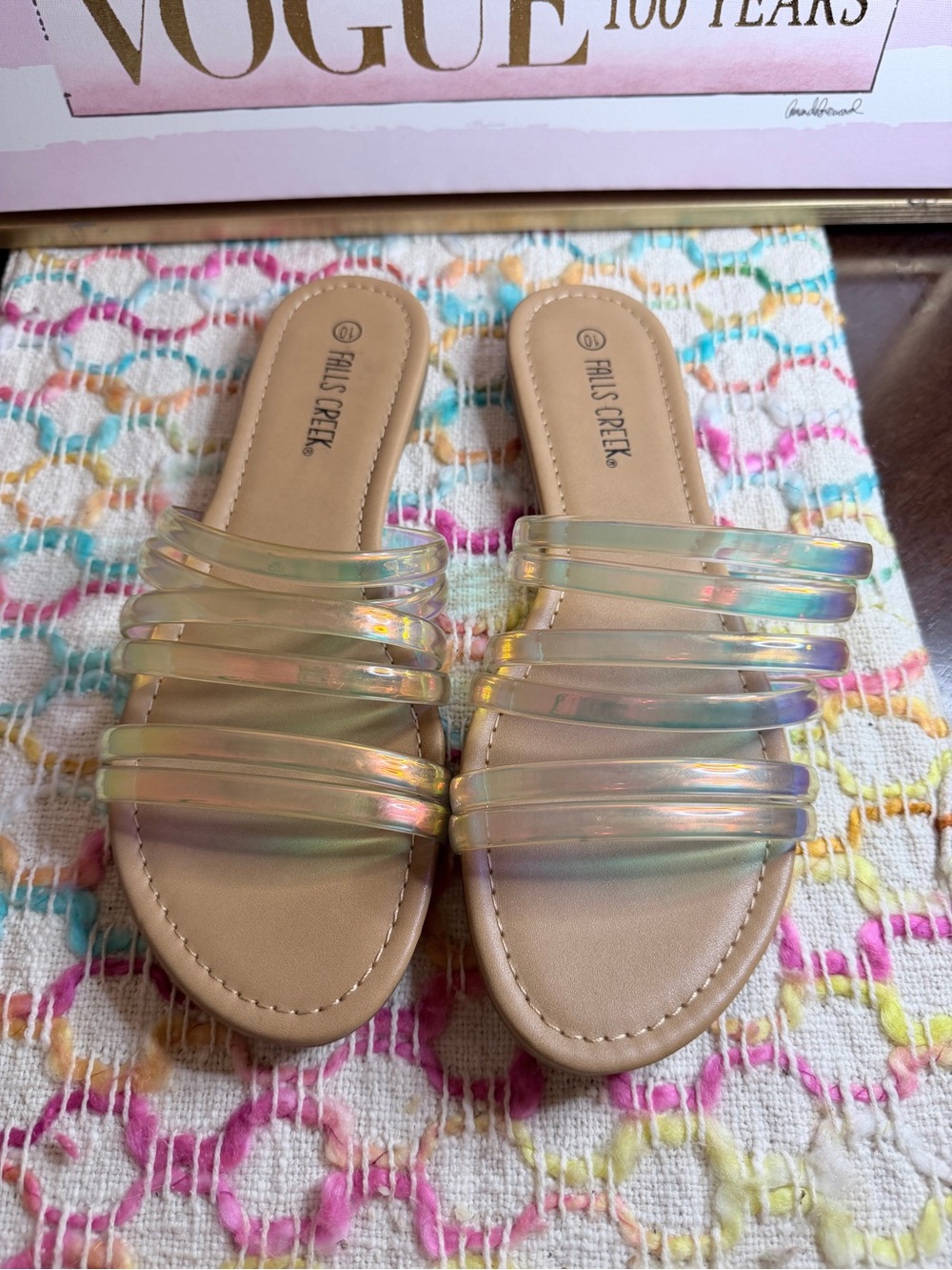 Falls Creek Women's Iridescent Strap Slide Sandals in Nude